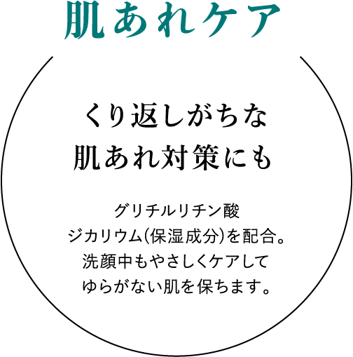 肌あれケア:くり返しがちな肌あれ対策にも グリチルリチン酸 ジカリウム(保湿成分)を配合。洗顔中もやさしくケアしてゆらがない肌を保ちます。